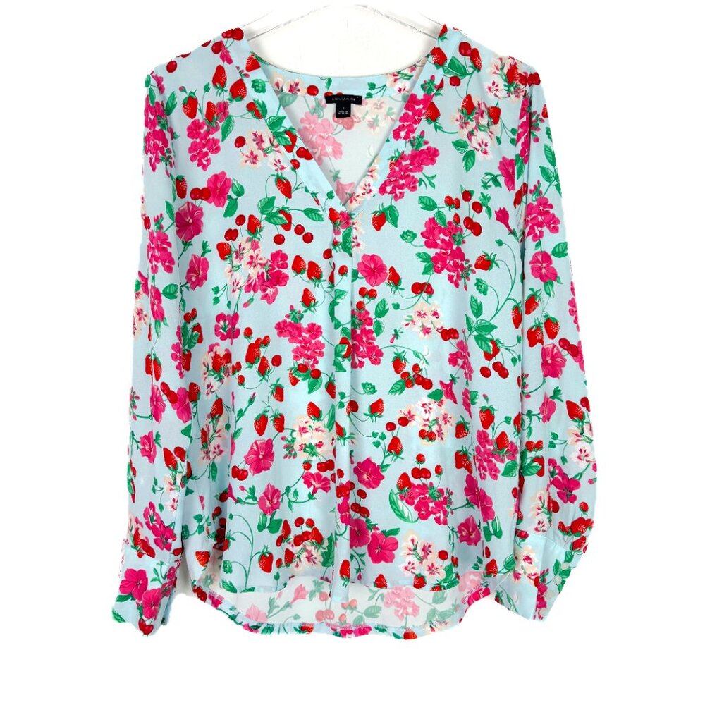 Ann Taylor Floral Strawberry Cherry Print Long Sleeve Popover Top Size Small S - Picture 2 of 11